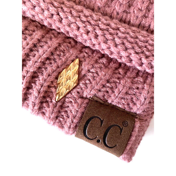 New Adult Size CC Pink Cable Knit Beanie Tail Ponytail Hat w/ Gold Details - Picture 5 of 6